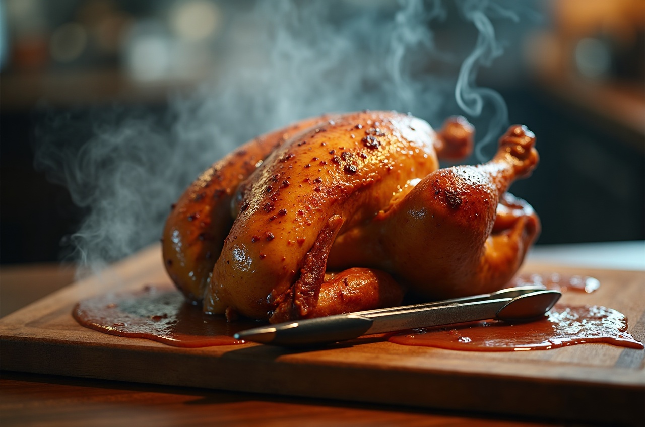 Whole roast chicken resting on a wooden board with juices pooling, steam rising, tongs beside it