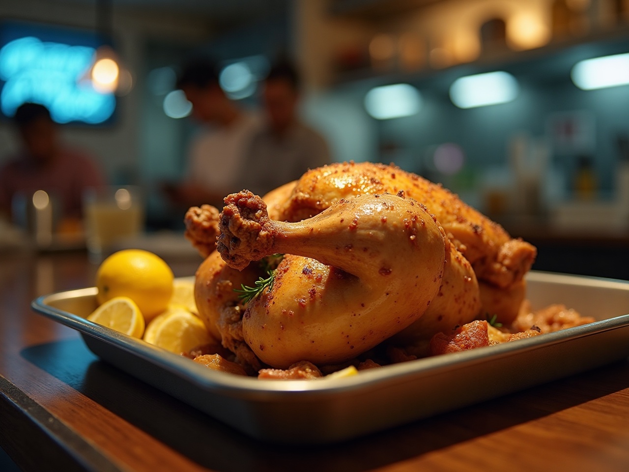 Whole roast chicken on a metal tray with crisp golden skin, cut into pieces, lemon wedges beside