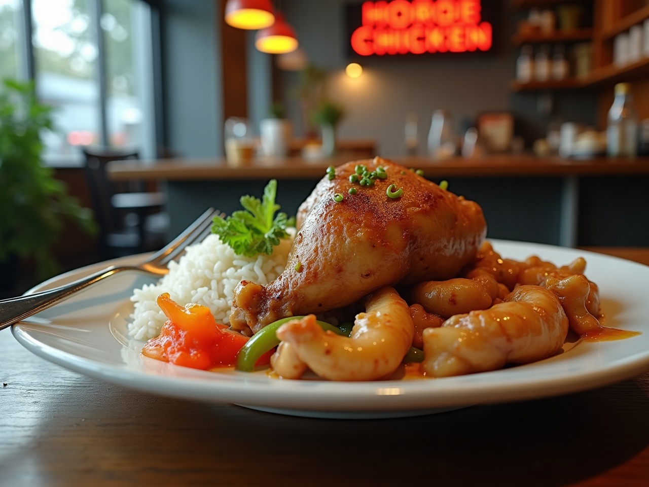 Plate with half roast chicken, rice, and pickled vegetables, fork resting on the edge