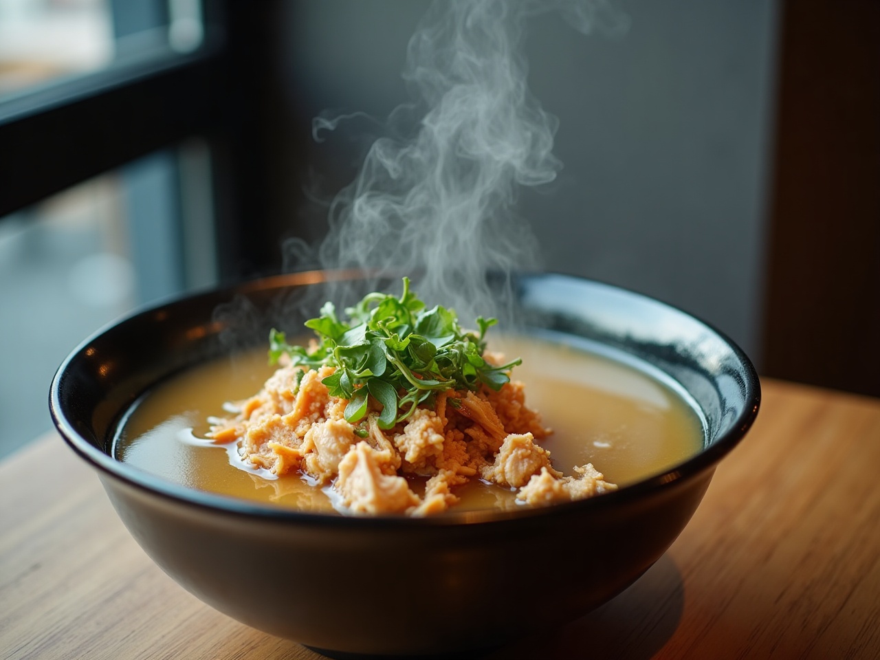 Steaming broth bowl with shredded chicken and greens, chilli oil swirled on top