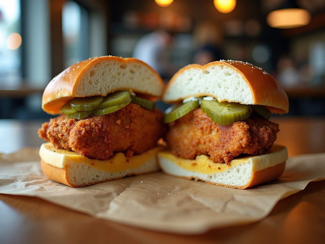Chicken sandwich cut in half showing crispy thigh, pickles and bun layers, on butcher paper