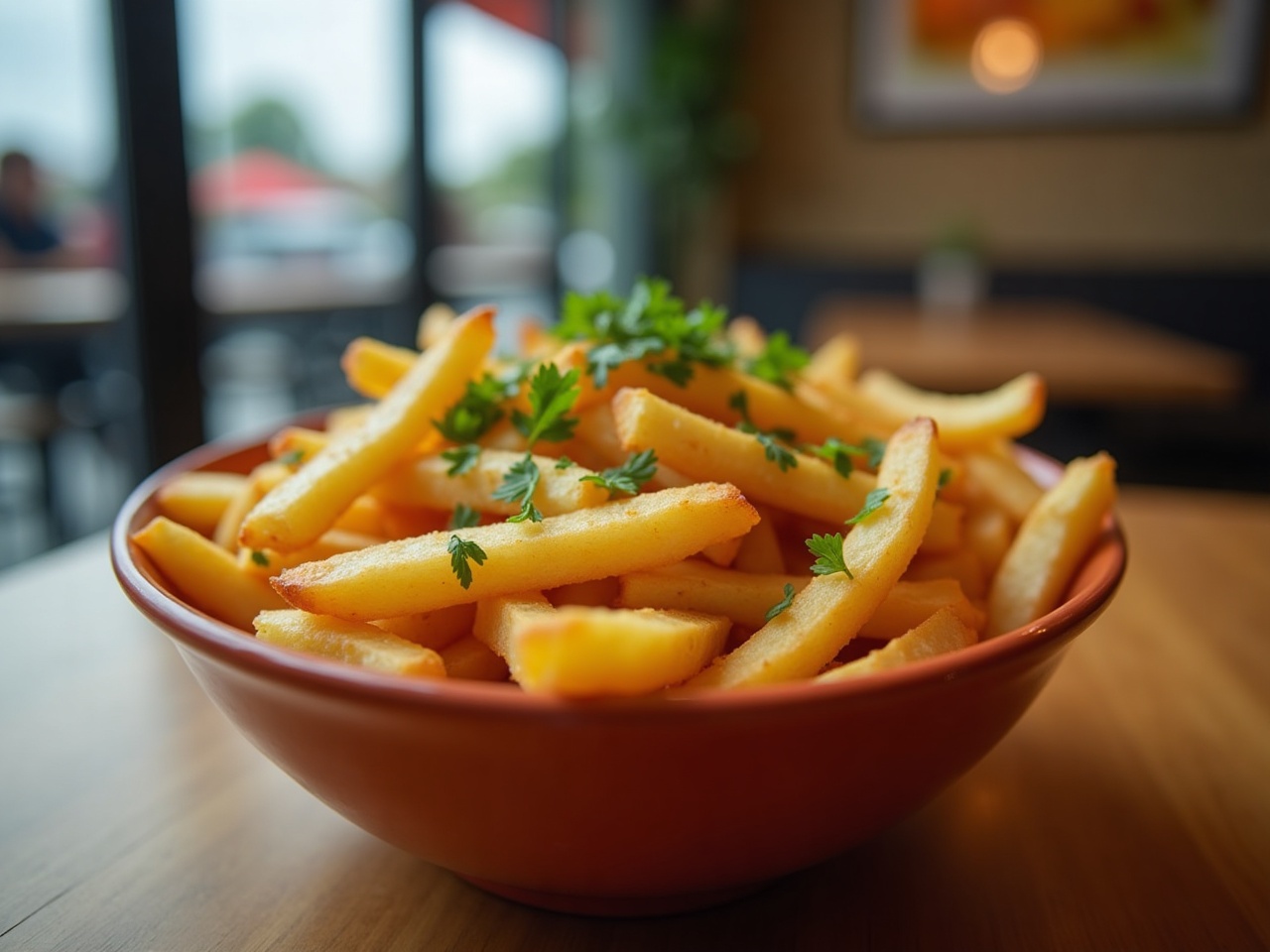 Bowl of golden fries glossy with fat, parsley scattered on top, cafe table in background