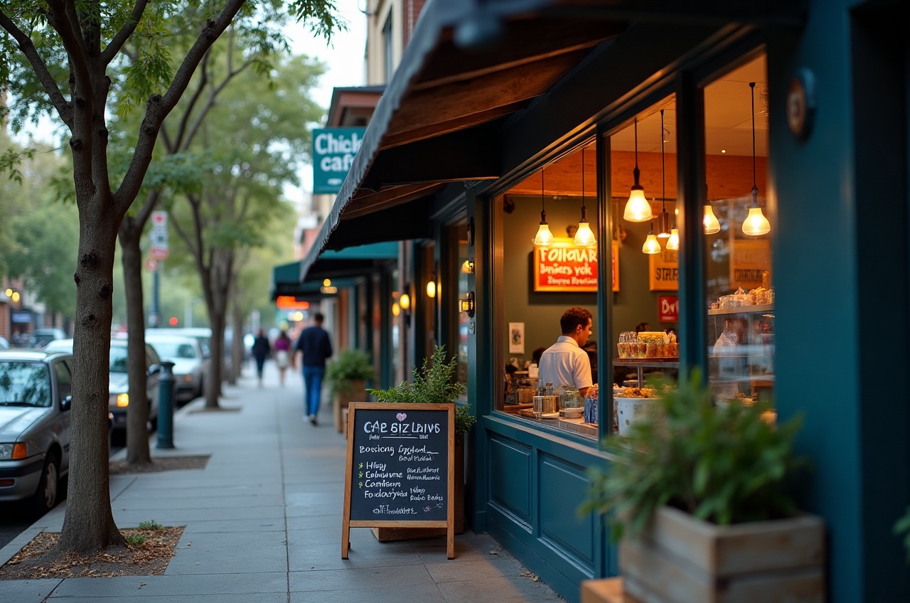 Small cafe storefront on a tree-lined Sydney street, chalkboard sign out front, warm light spilling from windows